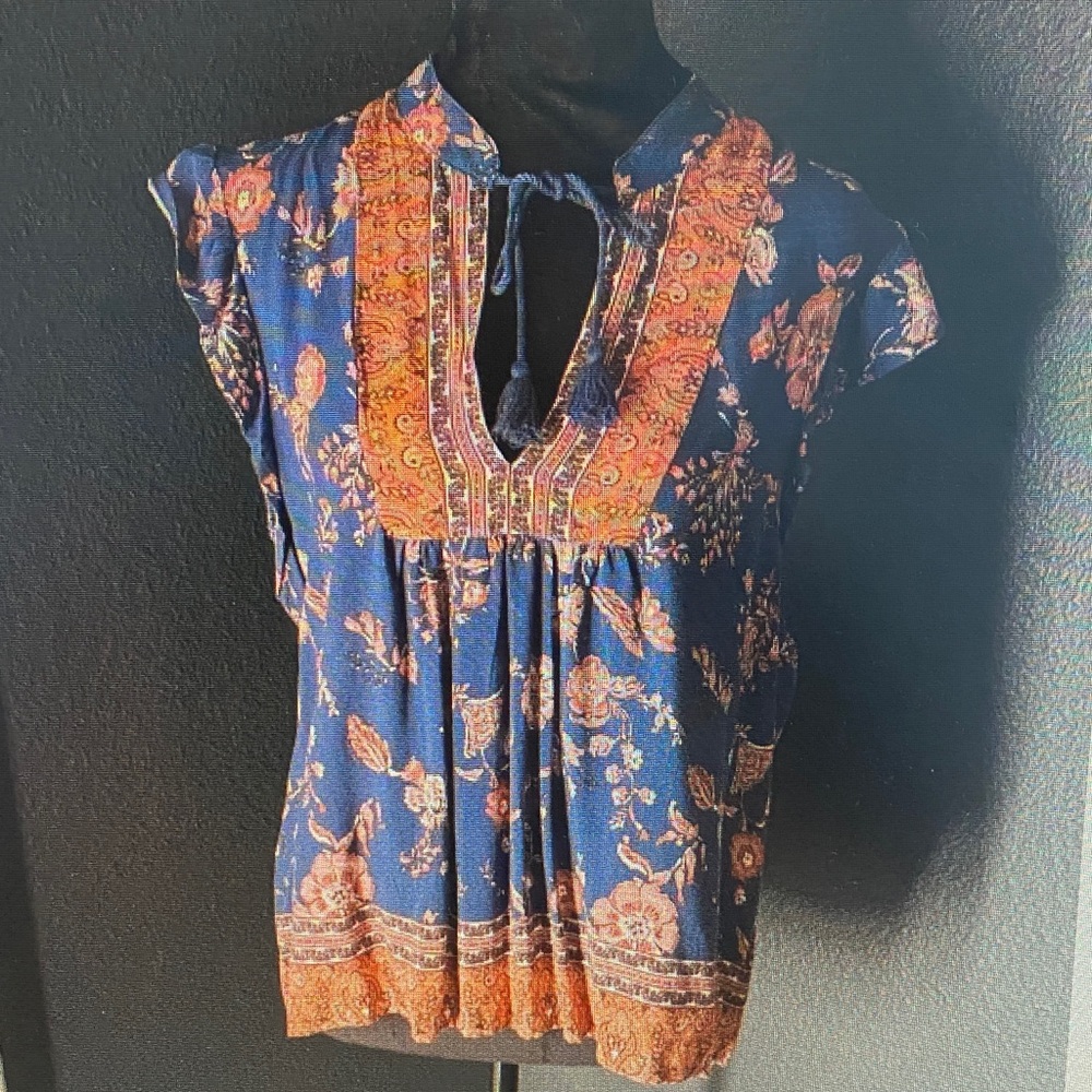 Boho Floral Tie-Neck Cap Sleeve Top - Navy & Rust